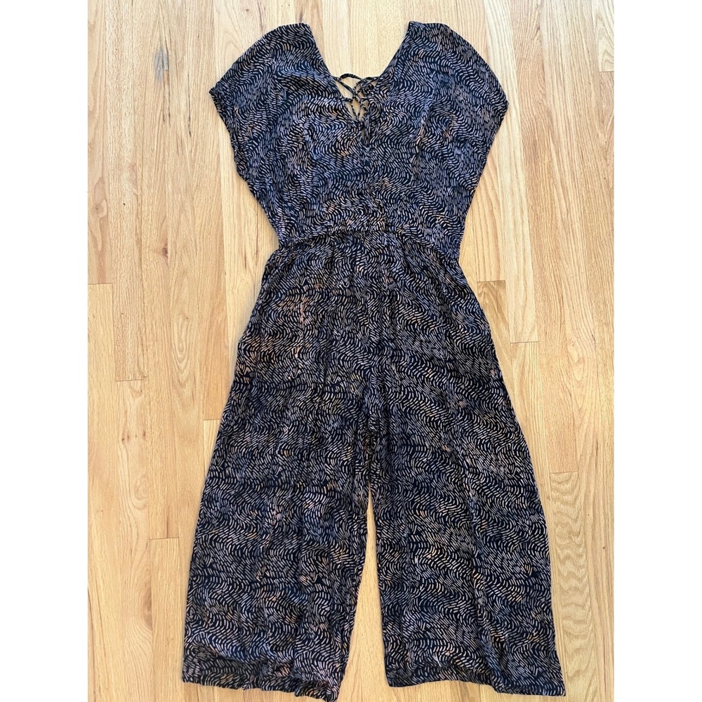 World Market Women Black Pink Dash Print Lace Up Wide Leg Jumpsuit Size L/XL